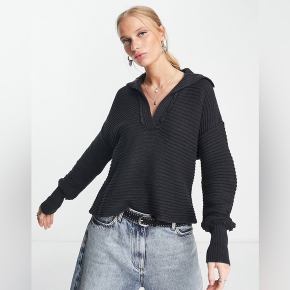 Free People Marlie Deep V Neck Ribbed Sweater in Black Size Large - Picture 2 of 10